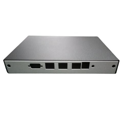Silver metal wifi router enclosure with serial and LAN port cutouts
