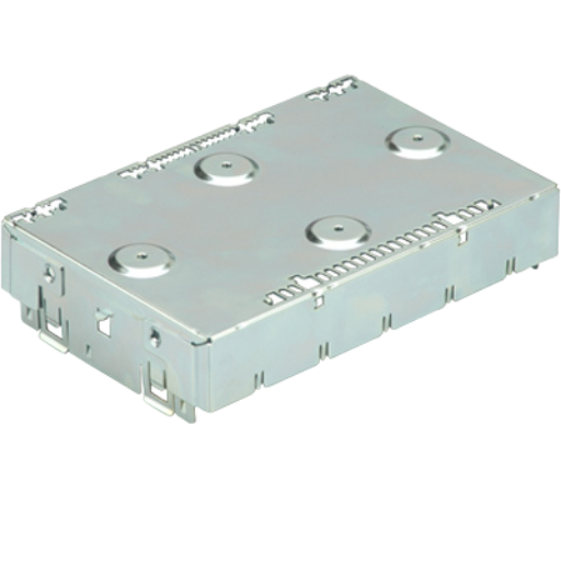 Metal amplifier chassis with mounting slots and ventilation openings, isolated on a transparent background.