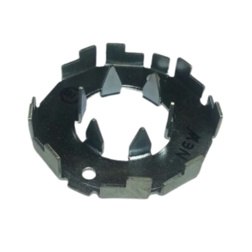 Circular metal motor gear with inner teeth and outer locking tabs