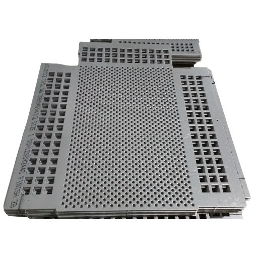 Perforated stainless steel tray for material movement with ventilated surface and grid sides, isolated on a transparent background.