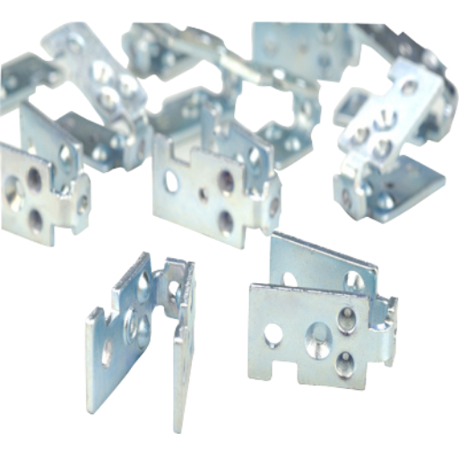 Metal DIN rail clamp with stationary components, featuring spring clip and mounting holes