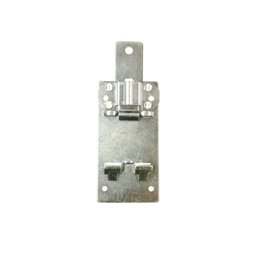 Vertical metal DIN rail mounting clamp with spring-loaded clip and multiple screw holes, isolated on a transparent background.