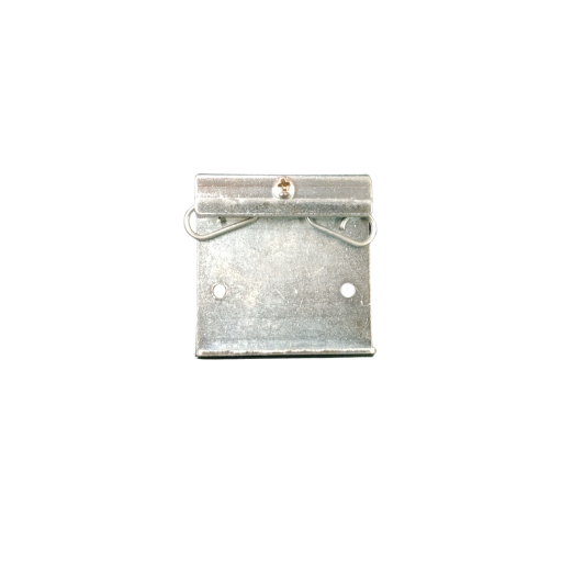“Metal DIN rail clamp with spring clip mechanism and two mounting holes, isolated on a transparent background